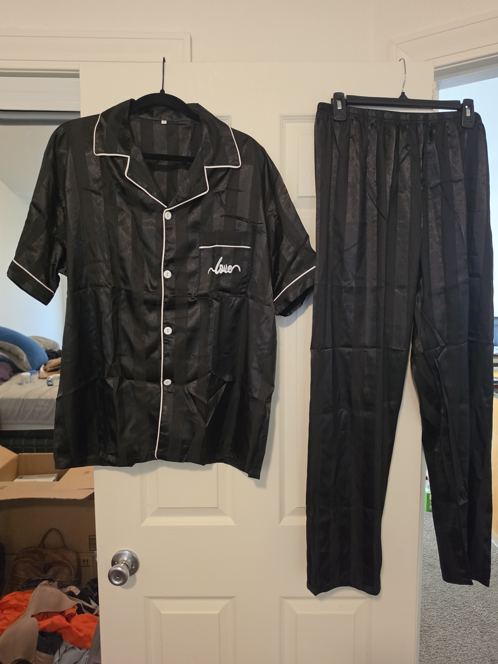 Black Satin Pajama Set with White Trim